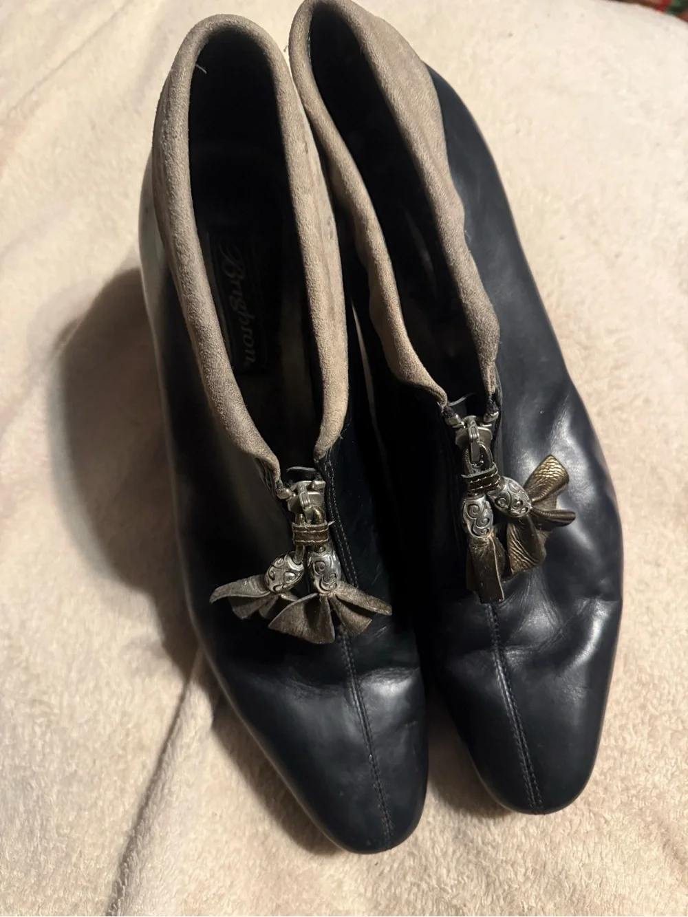 Brighton Stacey Black Leather and Taupe Trim Heeled Ankle Boots with Tassel